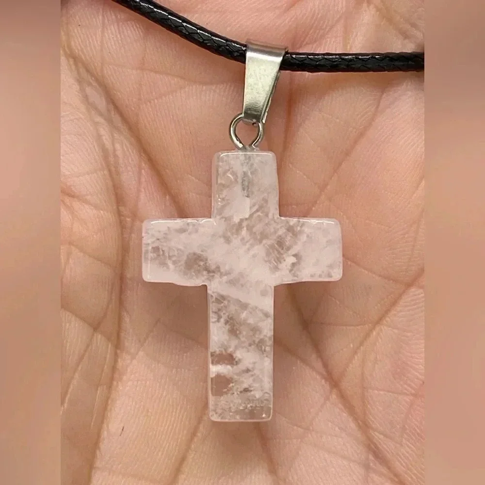Clear Quartz Cross Natural Braided Stainless Steel Necklace NWT